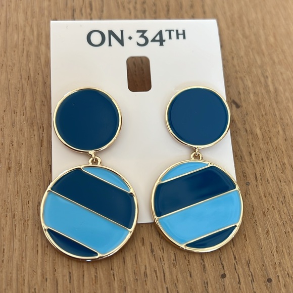 NWT Blue Striped Enameled Drop Earings with 
Gold Edges - Picture 3 of 4